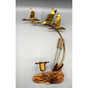 Vtg‎ Brass Flying Geese Cattails Wall Art Candle Holder MCM Decor